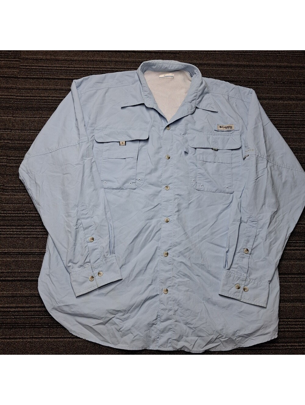 Columbia PFG Bahama II Fishing Shirt Mens L Light Blue Long Sleeve Vented UPF